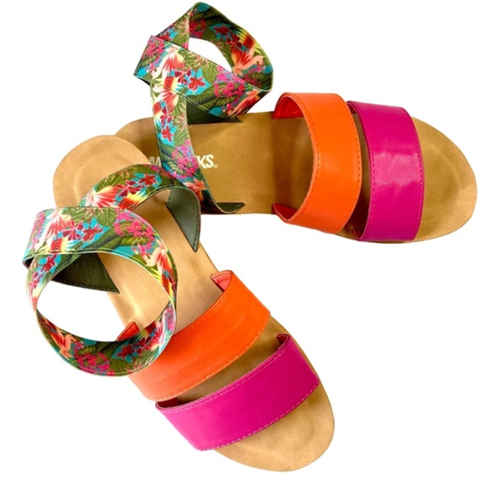 MUK LUKS Pink Orange Multicolor Floral Ankle-Strap About Me Sandals Sz8 Slip on